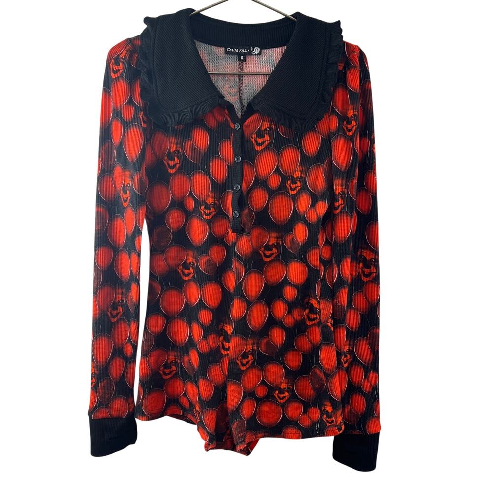 Dolls Kill x IT Black Red Beautiful Fears Thermal Romper Collared Ruffle Small S